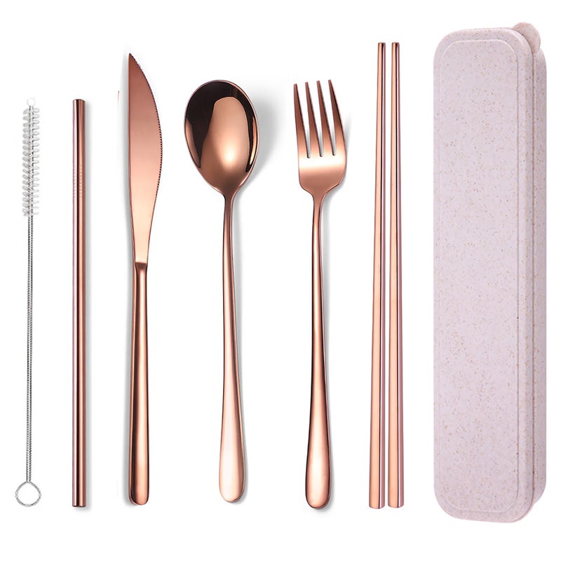 AARAINBOW 6 Pieces 18/8 Stainless Steel Flatware Set Portable Reusable Cutlery Set Travel Utensils Set Including Chopsticks Knife Fork Spoon Straws Cleaning Brush Dishwasher Safe (Rose Gold) - Image 1